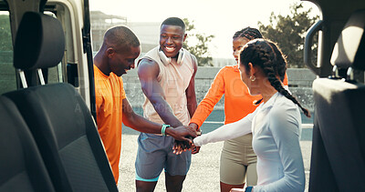 Buy stock photo Fitness, athlete and friends with hands together outdoor by car for workout goals, winning or happy. Cardio club, people and piling with stack in road for training success, achievement and teamwork