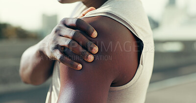 Buy stock photo Fitness, workout and man in city with shoulder pain, injury or accident with running or training. Sports, medical emergency and athlete with muscle sprain, inflammation or bruise for cardio exercise.