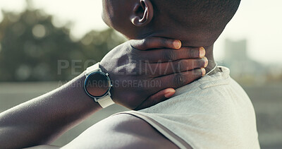 Buy stock photo Neck pain, hand or black man in city for fitness, muscle fatigue or discomfort from burnout. Athlete, outdoor or joint ache with tension from accident injury, overexertion or sprain with inflammation