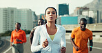 Fitness, group and friends running in city with workout, health or training for marathon. Sports, people and athletes with cardio exercise for race practice, wellness or teamwork in urban town.