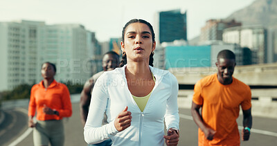 Buy stock photo Fitness, group and friends running in city with workout, health or training for marathon. Sports, people and athletes with cardio exercise for race practice, wellness or teamwork in urban town.