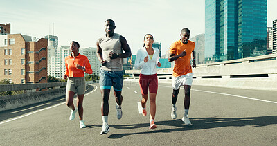 Buy stock photo Fitness, group and people running in city with workout, health or training for marathon. Sports, friends and athletes with cardio exercise for race practice, wellness or teamwork in urban town.