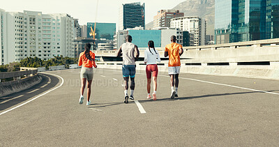 Buy stock photo Running, back and fitness with people in city for marathon, workout and training performance. Sports athlete, exercise and team with group of friends in street for challenge, cardio and wellness