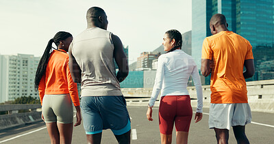Buy stock photo Running, back and health with people in city for marathon, workout and training performance. Sports athlete, exercise and team with group of friends in street for challenge, cardio and wellness