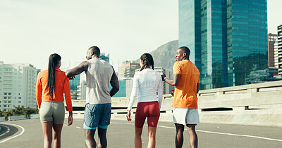 Buy stock photo Running, back and friends or people in city for marathon, workout and training performance. Sports athlete, exercise and team with group of runner in street for challenge, cardio and wellness