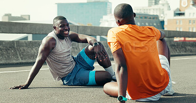 Buy stock photo Friends, fitness and men with rest in road for running break, conversation and workout recovery. Athlete, black people and relax on city bridge with talking, marathon discussion and training fatigue