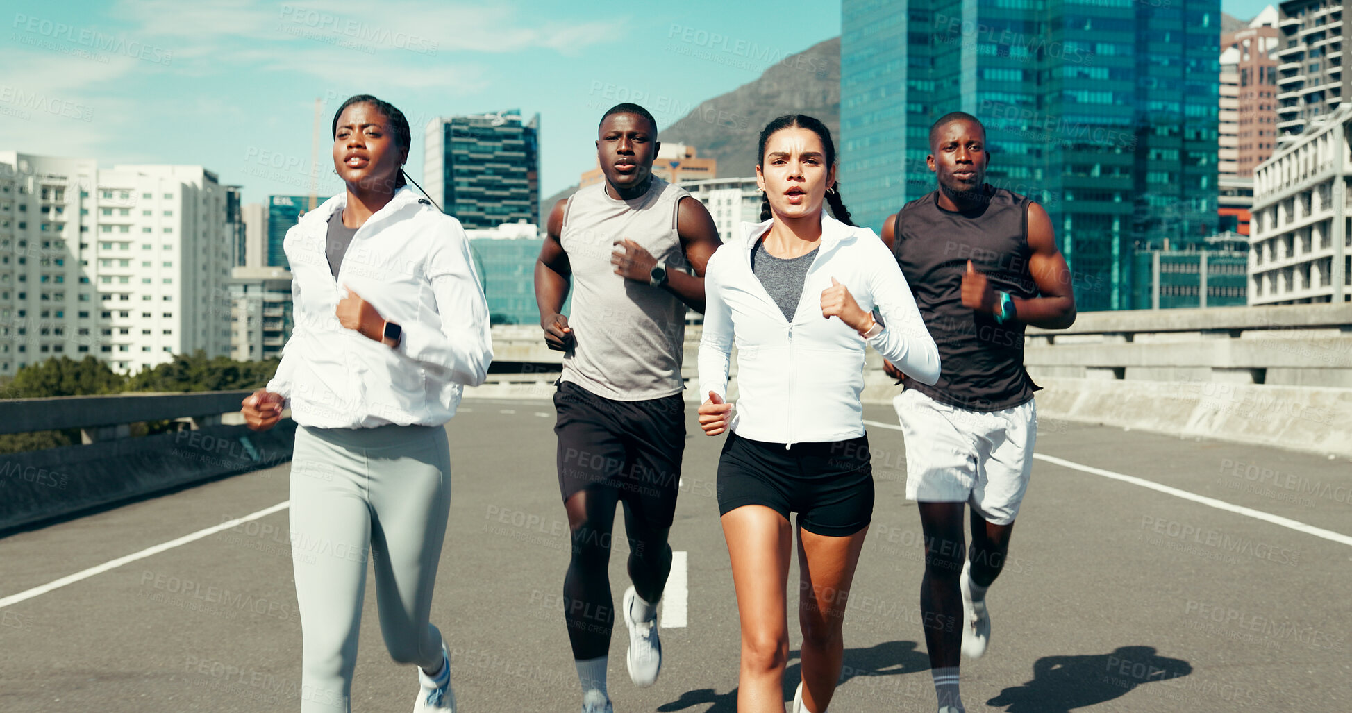 Buy stock photo Sports, group and people running in city with workout, health or training for marathon. Fitness, friends and athletes with cardio exercise for race practice, wellness or team challenge in urban town.
