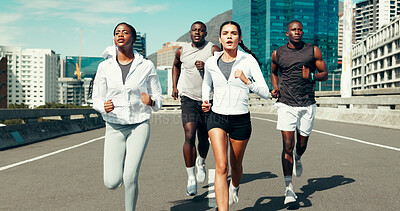 Buy stock photo Fitness, group and athletes running in city with workout, health or training for marathon. Sports, friends and people with cardio exercise for race practice, wellness or teamwork in urban town.