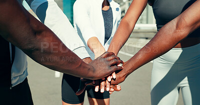 Buy stock photo Hands together, community and teamwork with friends in city for support, fitness club or motivation. Sports challenge, exercise and connection with people outdoor for wellness, training or solidarity
