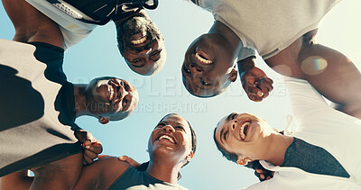 Buy stock photo Smile, fitness and group of athletes outdoor in circle for motivation with workout or running. Sports, friends and people in huddle for planning cardio exercise together by blue sky from below.