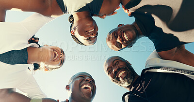 Buy stock photo Happy, fitness and group of athletes outdoor in circle for motivation with workout or running. Sports, friends and people in huddle for planning cardio exercise together by blue sky from below.