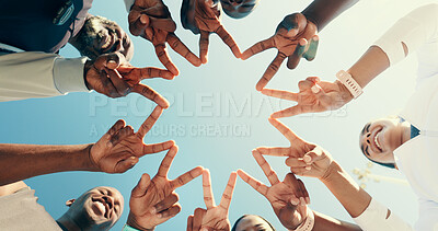 Buy stock photo Below, fitness and friends with peace sign with blue sky for exercise, community and workout. Sports, teamwork hands of people for support, motivation and goals for wellness, endurance or challenge