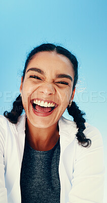 Buy stock photo Below, fitness and portrait of woman on blue sky for running, exercise and workout outdoor. Happy, laughing and face of person with smile for marathon training, sports and challenge for endurance