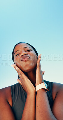 Buy stock photo Black woman, runner and outdoor with pout, lips and funny face in nature with sky, space and exercise. African girl, happy and portrait with mouth, fitness and workout with low angle in Nigeria