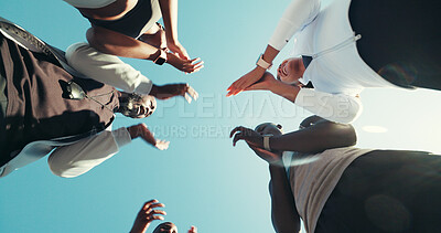 Buy stock photo Below, applause and people with fitness, outdoor and support with exercise goals. Group, achievement or athlete with workout, clapping or training with motivation, excited and celebrate with wellness