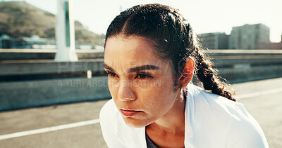 Buy stock photo Fitness, fatigue and woman resting in city for health, wellness or exhausted with intense cardio. Runner, tired or relax on break outdoor for exercise, training challenge or think of workout recovery