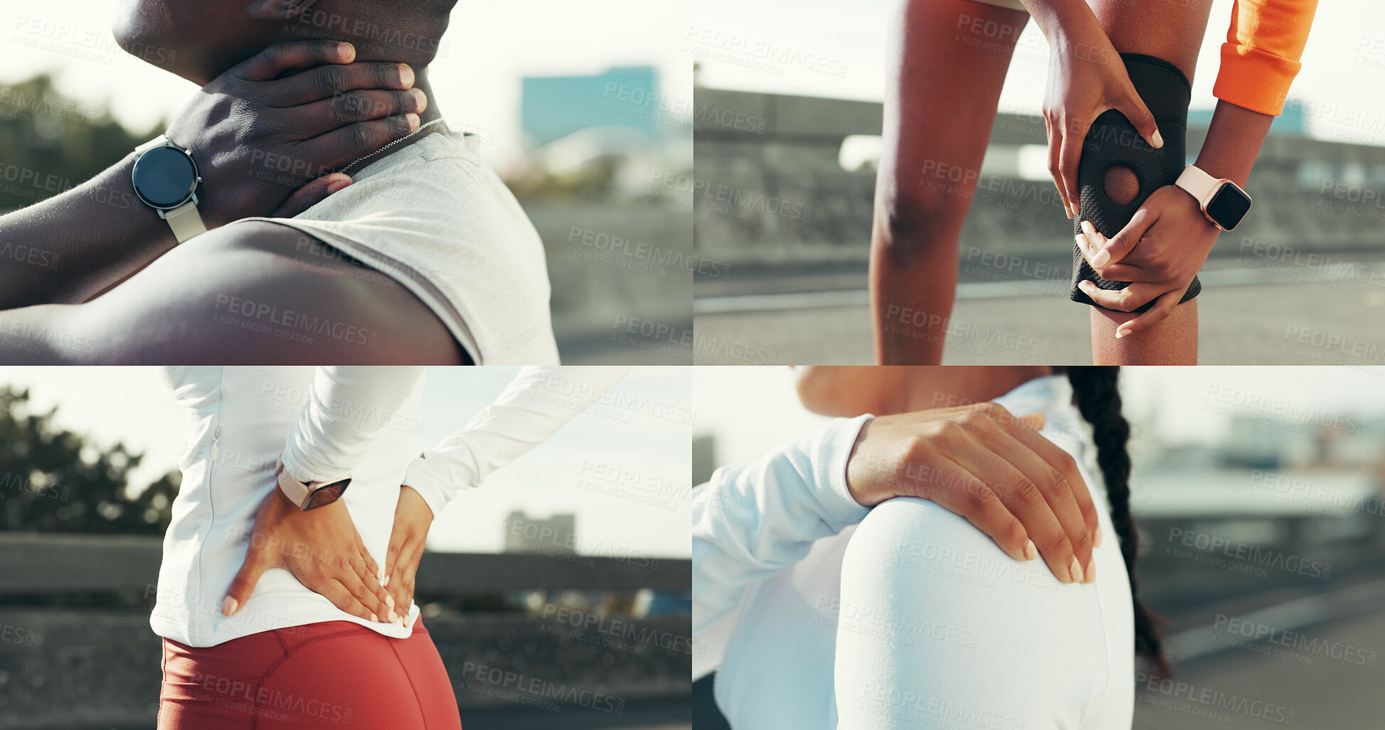 Buy stock photo Collage, body pain and people with fitness, exercise and sore with inflammation, anatomy and ache. Closeup, athlete and group in street, wellness and health with training accident and muscle tension