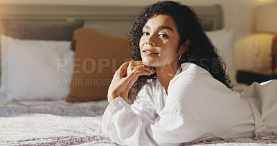 Buy stock photo Woman, morning and portrait on bed in hotel room for luxury vacation, spa day promo or getaway trip. Hospitality, happy girl or relax with robe at accommodation for self care retreat or weekend break