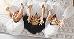 Spa, cucumber and smile with friends in hotel for beauty treatment, bonding and hospitality. Skincare, facial and upside down with women in bedroom of resort for self care, pamper and travel