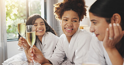 Buy stock photo Girl, friends and toast at spa with champagne, relax or glass with smile on vacation at luxury resort. People, women and happy with drink, alcohol or bonding at reunion with celebration in hotel room