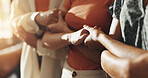 Friends, holding hands and women in office with link for teamwork, collaboration and partnership. Synergy, startup company and closeup of workers together for support, solidarity and cooperation 