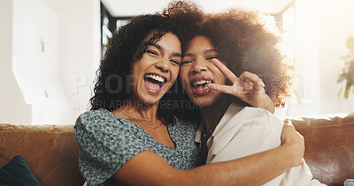 Buy stock photo Peace sign, happy and portrait of friends on sofa for bonding, relationship and hug together in home. Smile, emoji and selfie of women embrace for affection, social visit and love in living room