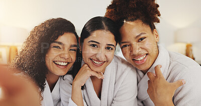 Buy stock photo Women, friends and selfie at spa with smile, portrait or hug with love on vacation at luxury resort. People, girl or embrace with group for photography POV, memory or bonding in hotel room on holiday