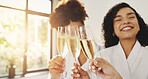 Women, group and toast at spa with champagne, laugh or funny joke on vacation at luxury resort. People, girl and relax with friends for drink, alcohol or bonding at reunion, hotel or lodge on holiday