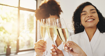 Buy stock photo Women, group and toast at spa with champagne, laugh or funny joke on vacation at luxury resort. People, girl and relax with friends for drink, alcohol or bonding at reunion, hotel or lodge on holiday