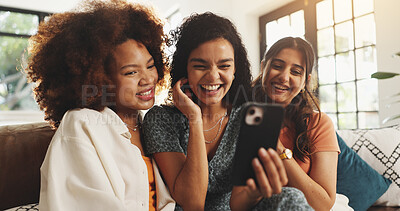 Buy stock photo Phone, laughing and relax with friends on sofa for support, bonding and social media together. Post update, smile and connection with women in living room of home for love, reunion and online meme