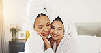 Spa, smile and hug with friends in hotel for beauty treatment, bonding and hospitality. Skincare, facial and love with women in bedroom of resort for self care, diy pamper and travel getaway