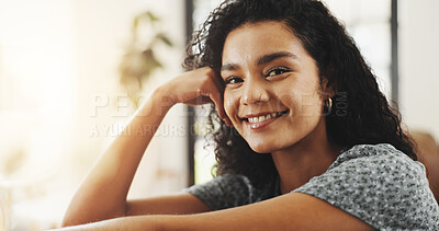 Buy stock photo Portrait, smile and woman in home for relax, peace and calm to chill on weekend in living room. Face, happy girl and rest in house for comfort, wellness and break to unwind on staycation in Brazil