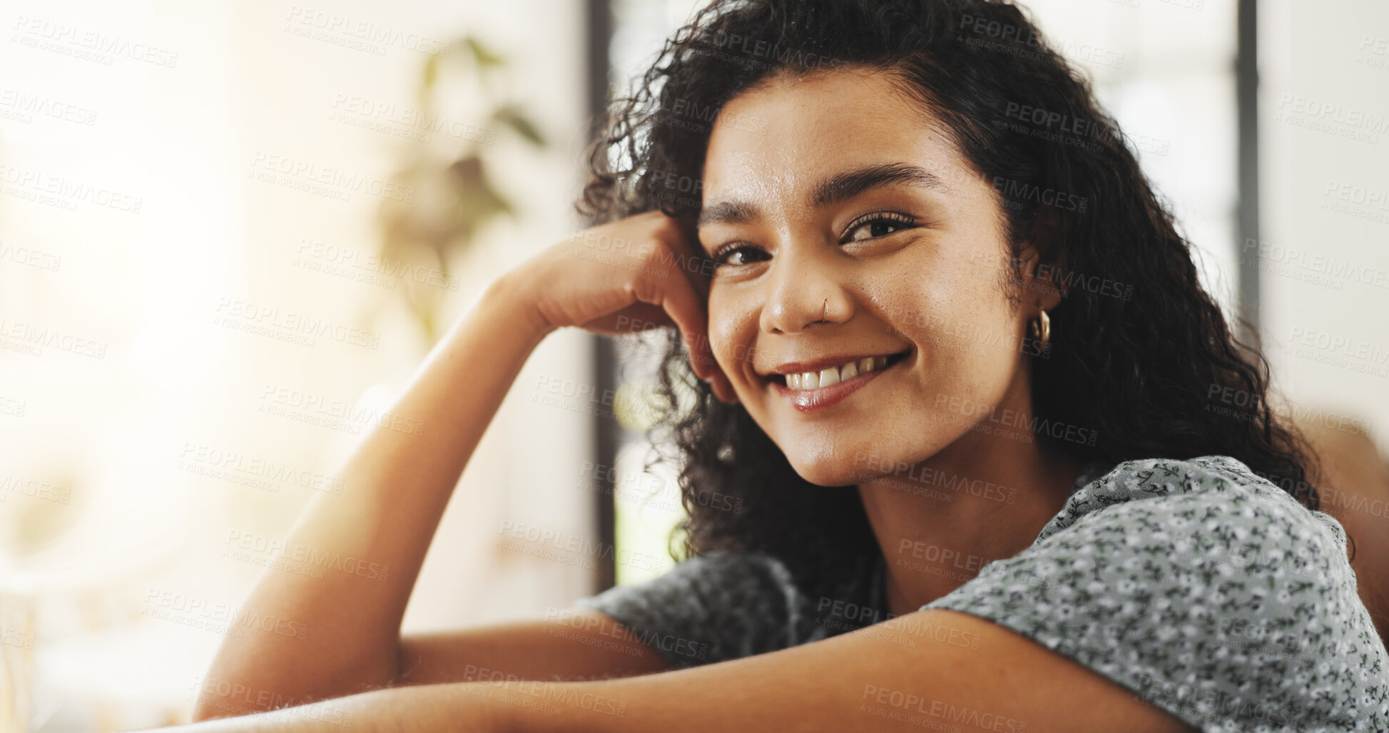 Buy stock photo Portrait, smile and woman in home for relax, peace and calm to chill on weekend in living room. Face, happy girl and rest in house for comfort, wellness and break to unwind on staycation in Brazil