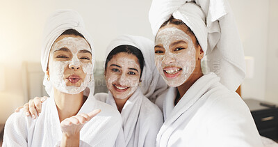 Buy stock photo Spa, selfie and face mask with friends in hotel for beauty treatment, social media or hospitality. Skincare, facial and photography POV with women in bedroom of resort for self care, pamper or travel
