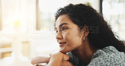 Buy stock photo Woman, happy and thinking on couch in home for daydream, nostalgia and memory in lounge. Person, smile and inspiration on sofa for perspective, decision and reflection in living room at apartment