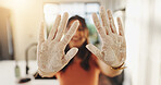 Happy, baking and hands of woman with flour for preparation of dessert, cake and treats. Cooking, home baker and playful person with ingredients, powder and messy for homemade bread in kitchen