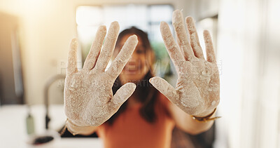 Buy stock photo Happy, baking and hands of woman with flour for preparation of dessert, cake and treats. Cooking, home baker and playful person with ingredients, powder and messy for homemade bread in kitchen