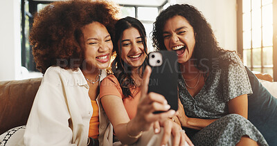 Buy stock photo Selfie, laughing and happy with friends on sofa for support, bonding and social media filter. Post update, smile and connection with women in living room of home for love, reunion and online meme
