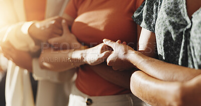 Buy stock photo Friends, holding hands and business women in office with link for teamwork, collaboration and partnership. Synergy, startup company and workers together for support, solidarity and cooperation 