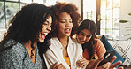 Phone, laughing and smile with friends on sofa for support, bonding and social media together. Post update, relax and connection with women in living room of home for love, reunion and online meme