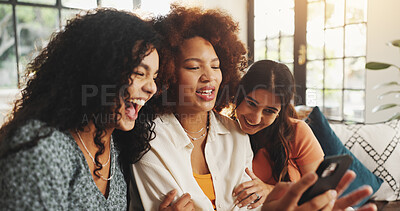 Buy stock photo Phone, laughing and smile with friends on sofa for support, bonding and social media together. Post update, relax and connection with women in living room of home for love, reunion and online meme