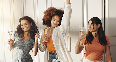 Buy stock photo Women, friends and dancing in home with champagne, happy and bonding with cheers for reunion. People, girl and group with glass, celebration and drinks with alcohol, loyalty and excited at house