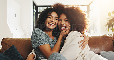 Buy stock photo Women, hug and friends in portrait on sofa with bonding, happy and reunion in living room at house. People, girl and smile with embrace, loyalty and chill with love on couch in lounge at apartment