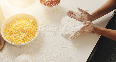 Buy stock photo Cooking, pizza and heart with hands of person in kitchen for love, catering and ingredients. Support, flour and meal prep with above of dough and chef in home for food, nutrition and cuisine