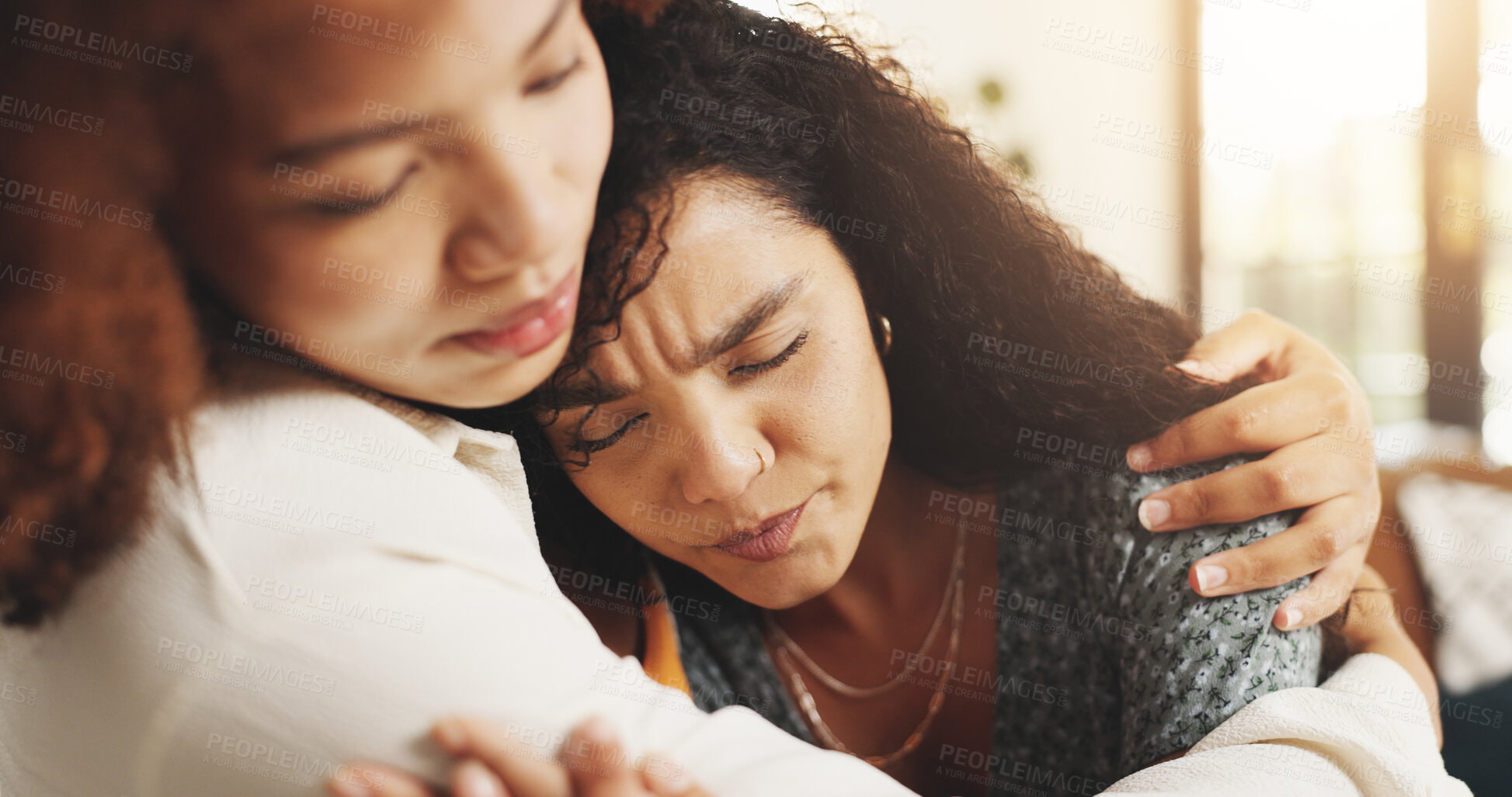 Buy stock photo Friends, women and comfort for empathy in home with mourning partner, grief and compassion. Sympathy, sad people and console for bad news, relationship break up and cheating mistake in living room