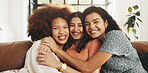 Smile, hug and portrait of friends on sofa for support, bonding and diversity together. Happiness, love and connection with group of women in living room of home for relax, reunion and trust
