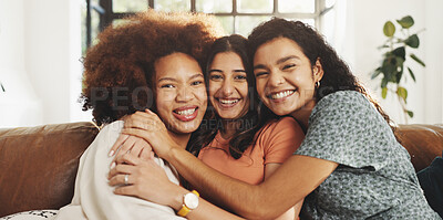 Buy stock photo Smile, hug and portrait of friends on sofa for support, bonding and diversity together. Happiness, love and connection with group of women in living room of home for relax, reunion and trust