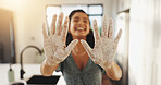 Home, baking and hands of woman with flour for preparation of dessert, cake and treats. Cooking, happy baker and playful person with ingredients, powder and messy for homemade bread in kitchen