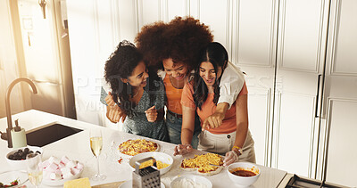Buy stock photo Smile, pizza and cooking with friends in kitchen for helping, bonding and support. Food, happiness and dinner with group of women and meal prep in home for drinking wine, reunion and party together