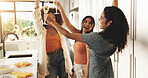 Cheers, pizza and cooking with friends in kitchen for helping, bonding and support. Food, happiness and dinner with group of women and meal prep in home for drinking wine, reunion and party together